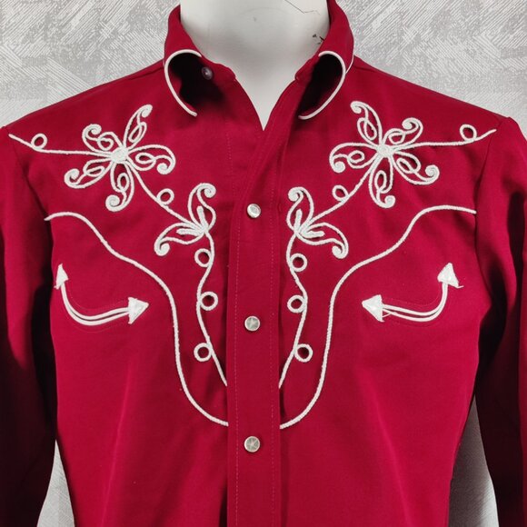 VINTAGE H Bar C California Ranchwear Shirt Men Medium Red Western Pearl Snap 70s - Picture 2 of 12
